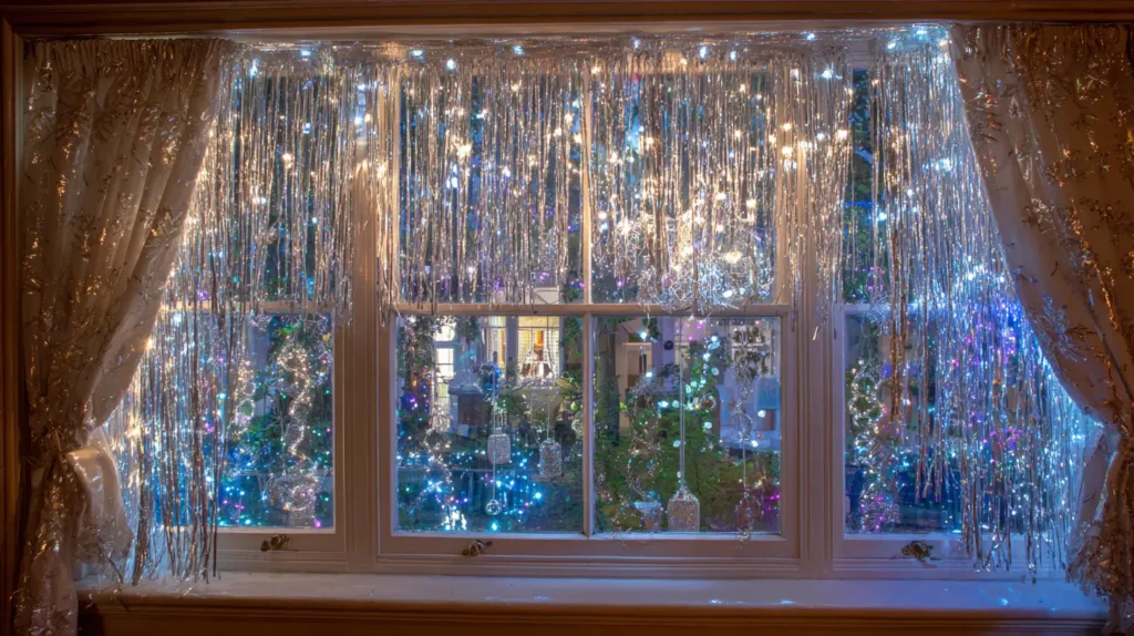 Sparkling Tinsel Window Decor for Retro Holiday Fun