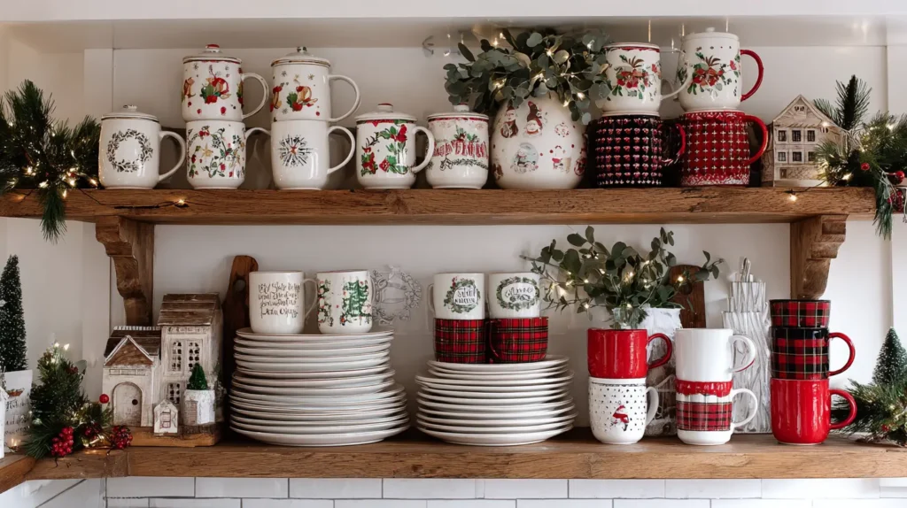 Styling Open Shelves with Festive Dishware and Mugs