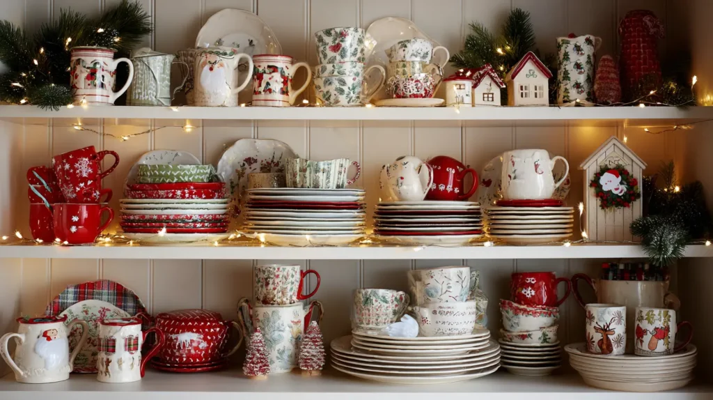 Styling Open Shelves with Festive Dishware and Mugs