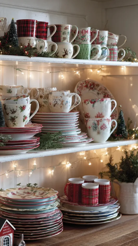 Styling Open Shelves with Festive Dishware and Mugs