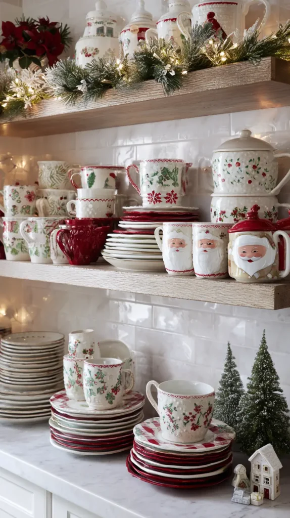 Styling Open Shelves with Festive Dishware and Mugs