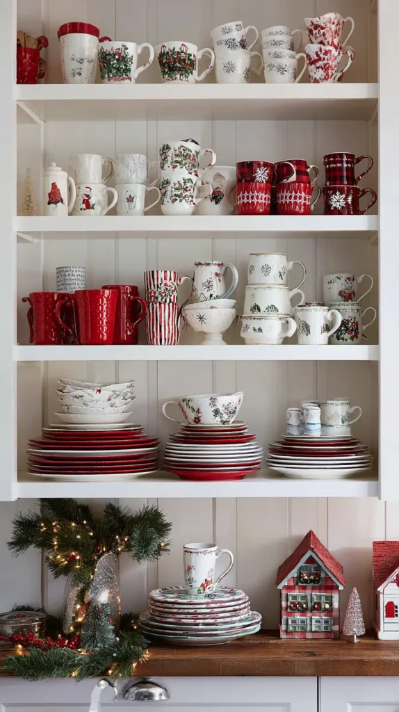 Styling Open Shelves with Festive Dishware and Mugs