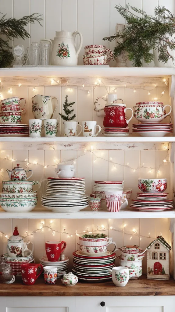 Styling Open Shelves with Festive Dishware and Mugs