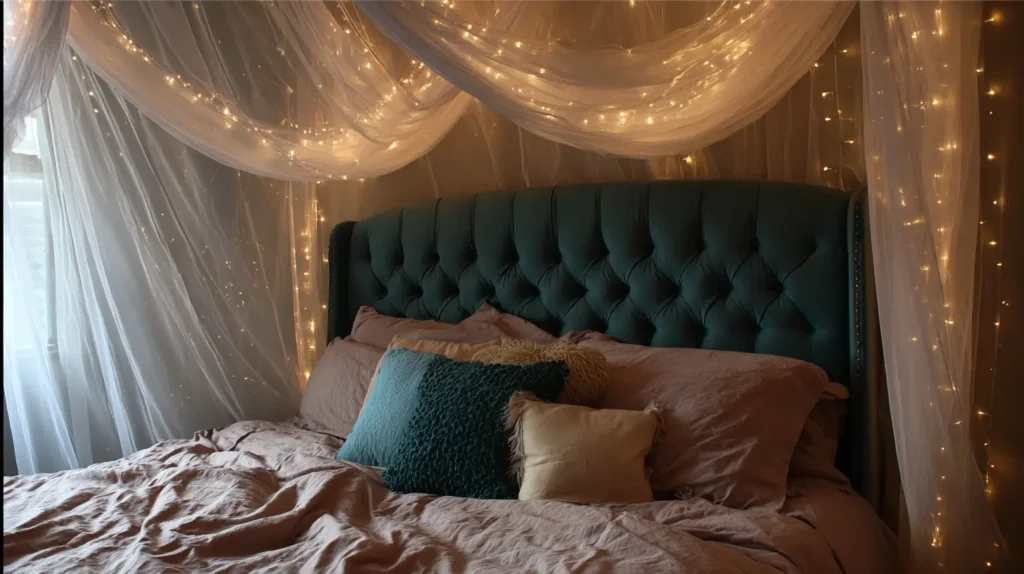 Velvet Headboard with Fairy Light Canopy