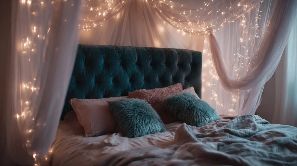 Velvet Headboard with Fairy Light Canopy
