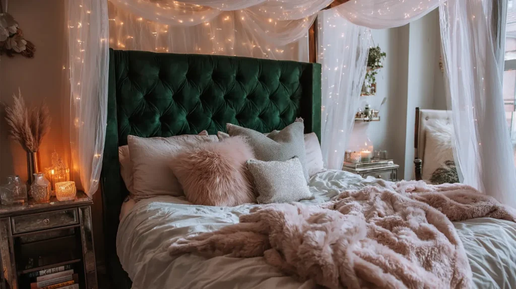 Velvet Headboard with Fairy Light Canopy