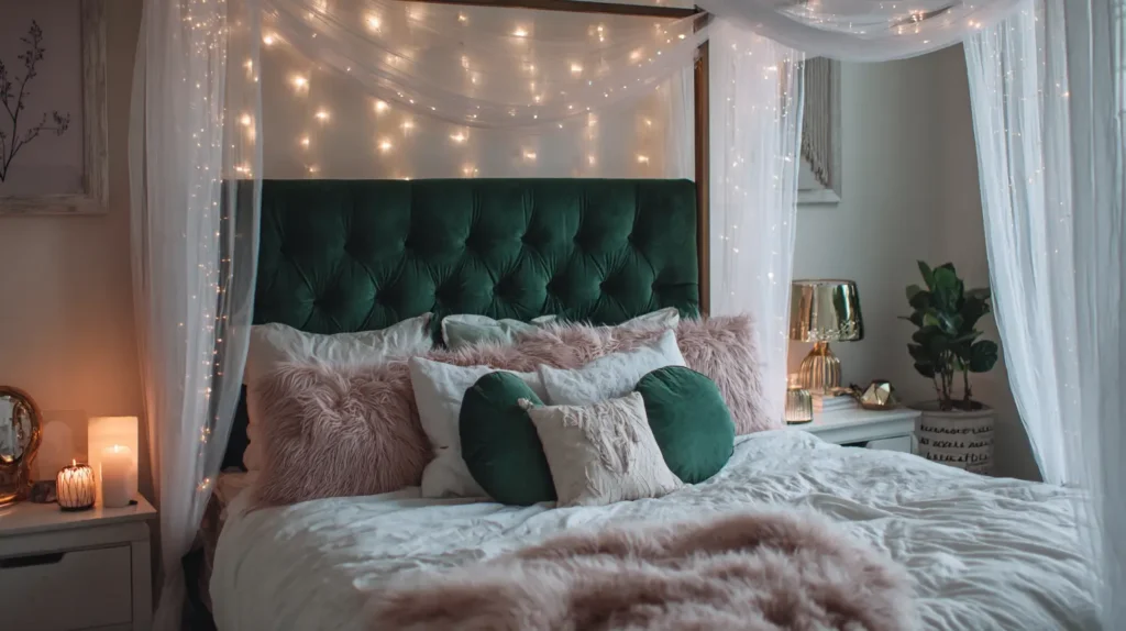 Velvet Headboard with Fairy Light Canopy