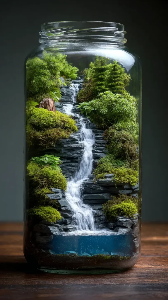 Vertical Mason Jar Waterfall Ecosystem