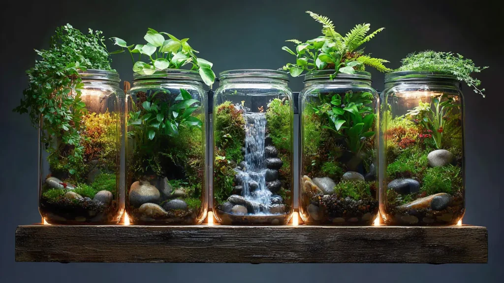 Vertical Mason Jar Waterfall Ecosystem
