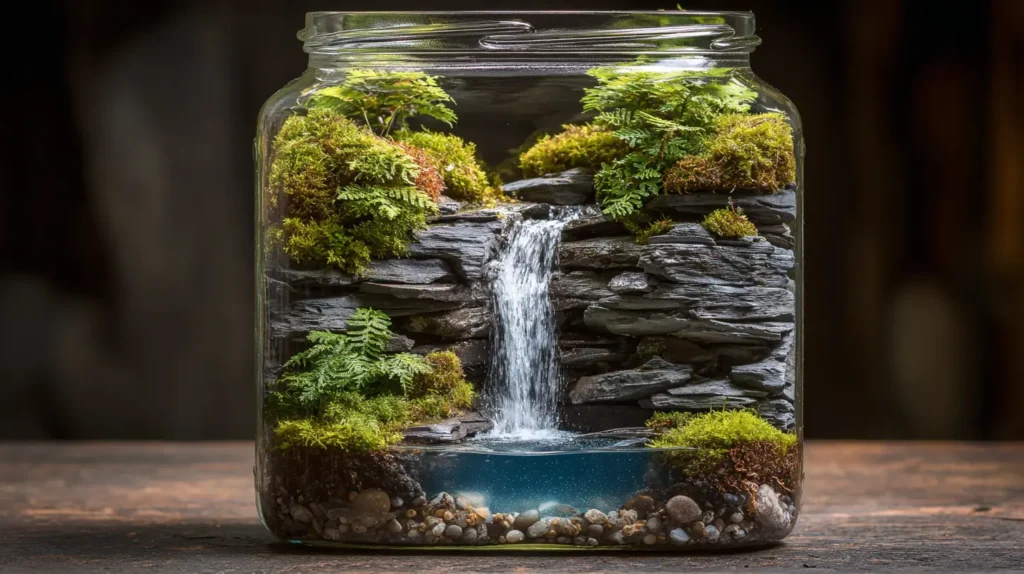 Vertical Mason Jar Waterfall Ecosystem