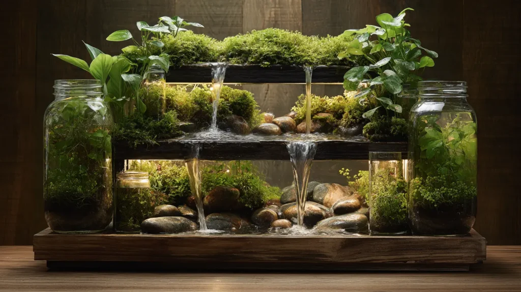 Vertical Mason Jar Waterfall Ecosystem
