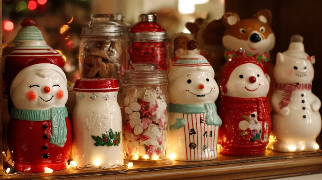 Vintage Christmas Cookie Jars and Frosted Cranberry Glassware Display