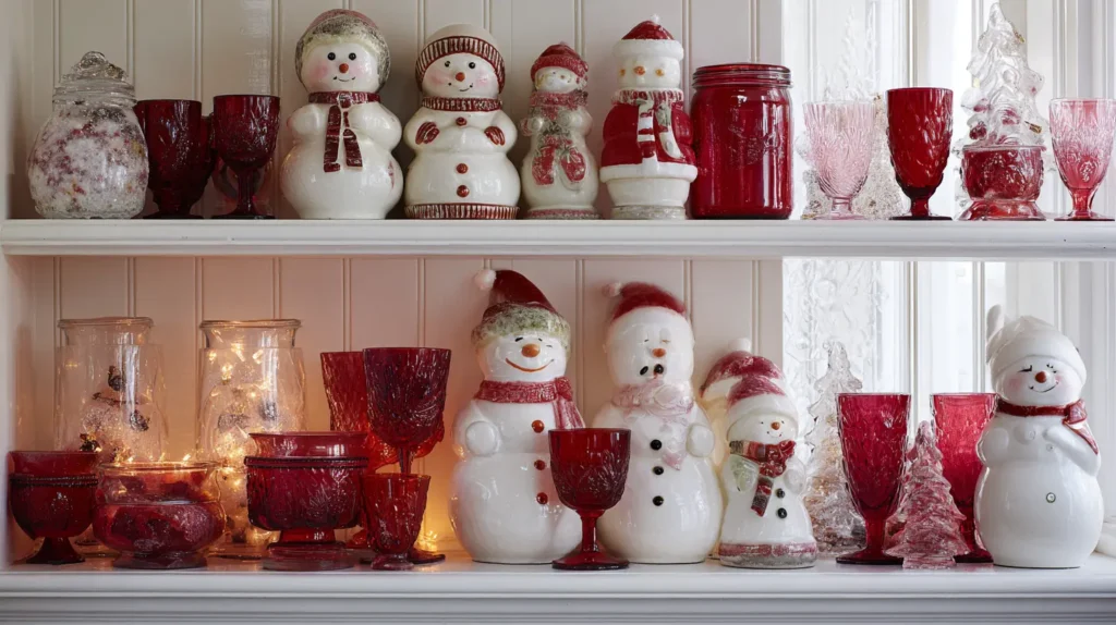 Vintage Christmas Cookie Jars and Frosted Cranberry Glassware Display