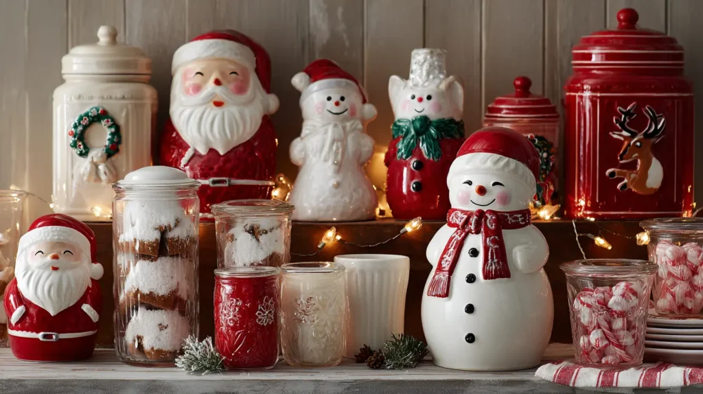 Vintage Christmas Cookie Jars and Frosted Cranberry Glassware Display
