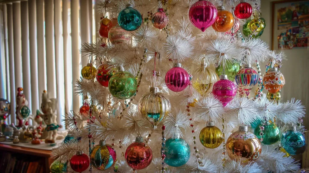 Vintage Retro Tree with Colorful Glass Ornaments and Tinsel
