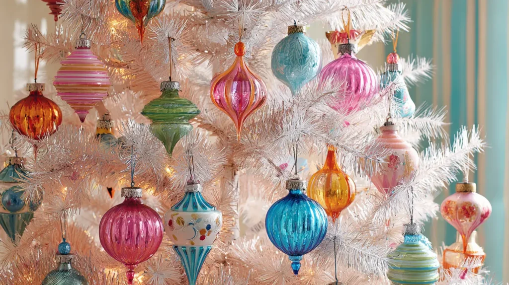 Vintage Retro Tree with Colorful Glass Ornaments and Tinsel