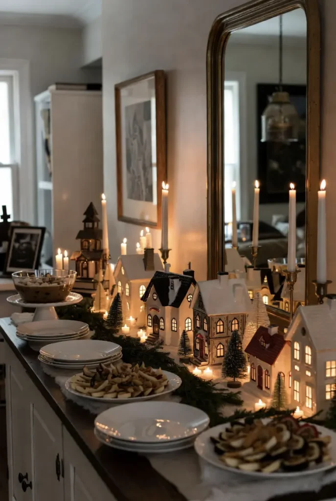 A Festive Buffet or Sideboard Display for Serving and Holiday Villages