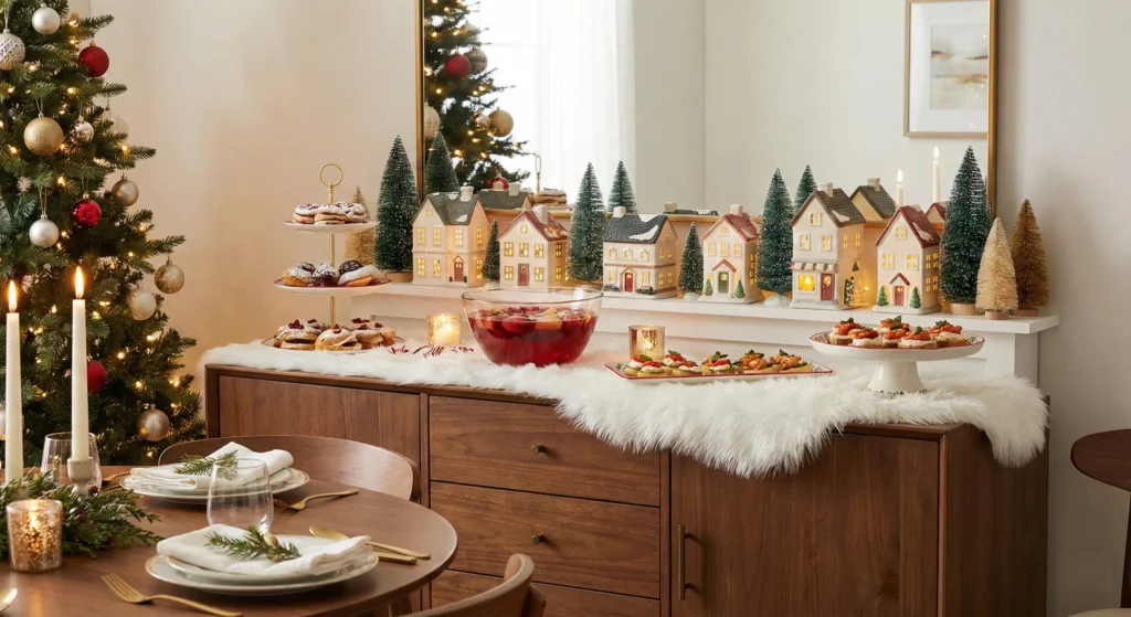 A Festive Buffet or Sideboard Display for Serving and Holiday Villages