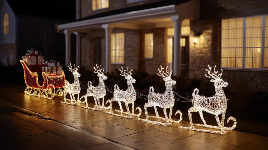 Animated Lighted Reindeer, Santa, and Sleigh Yard Figures