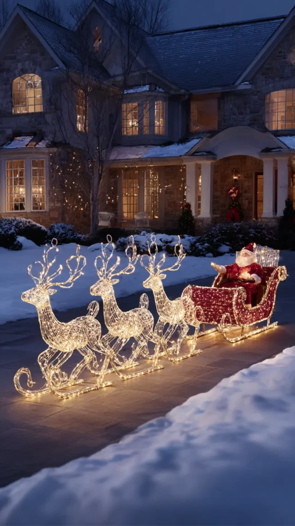 Animated Lighted Reindeer, Santa, and Sleigh Yard Figures