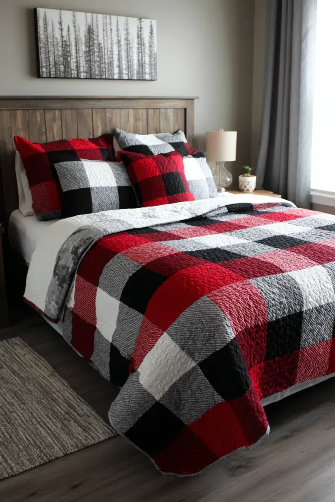 Bold Buffalo Check Red, Black, and White Bed Quilts - Plaid Bedspreads