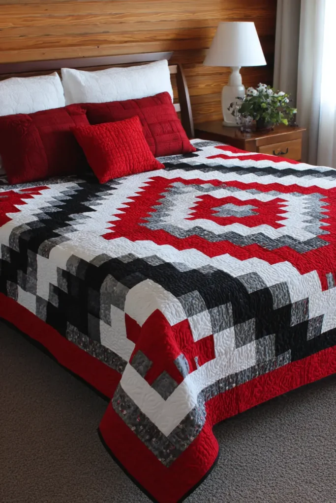 Bold Red, Black, and White Patchwork Quilt for Master Bedrooms