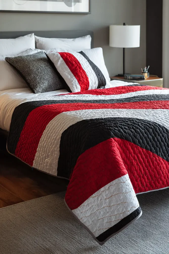 Bold Red, Black, and White Stripe Quilts for Modern Beds
