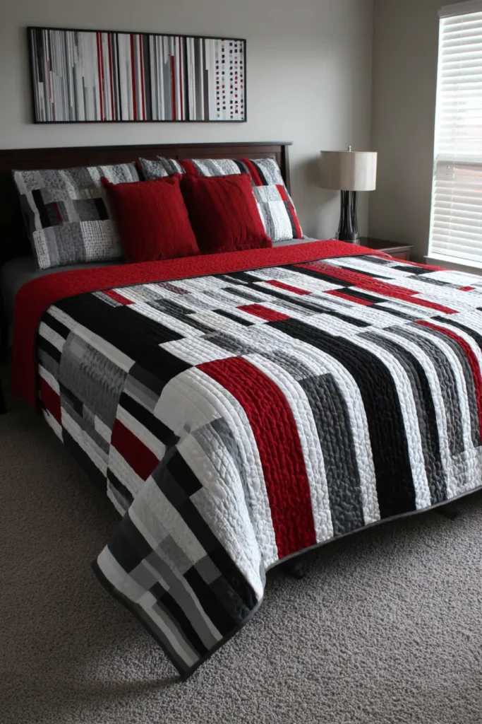 Bold Red, Black, and White Stripe Quilts for Modern Beds