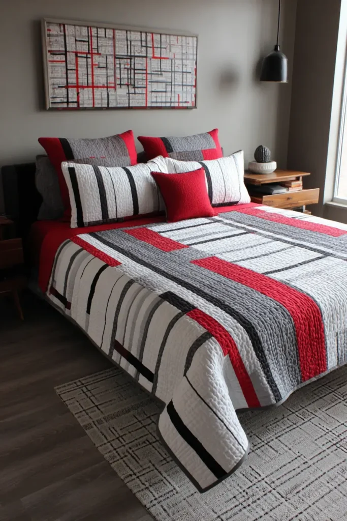 Bold Red, Black, and White Stripe Quilts for Modern Beds
