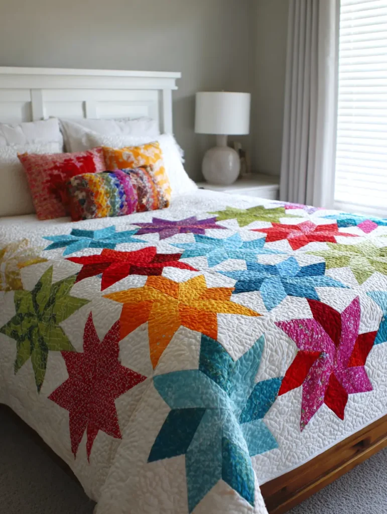 Charming Colorful Rainbow Holiday Star Quilt for Kids
