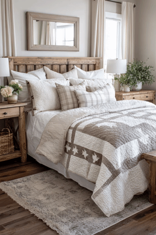 Classic Neutral Modern Farmhouse Quilt Patterns with Soft Whites and Greige
