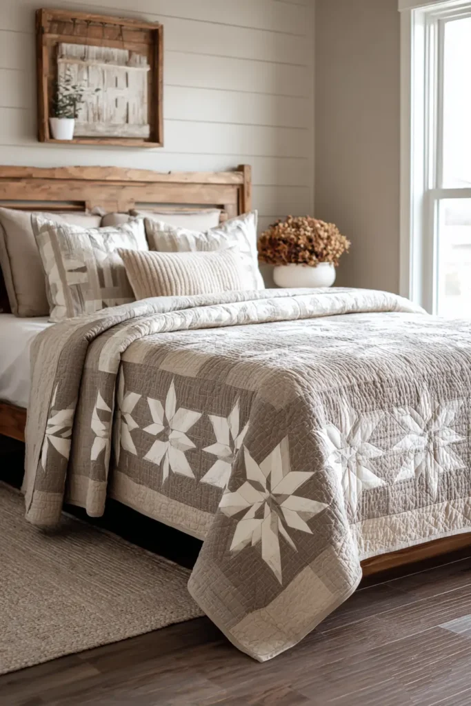 Classic Neutral Modern Farmhouse Quilt Patterns with Soft Whites and Greige