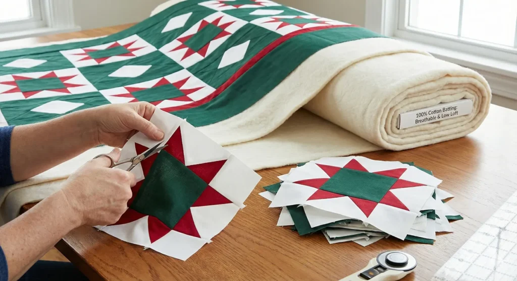 Classic Ohio Star Block Design in Red and Green Fabrics