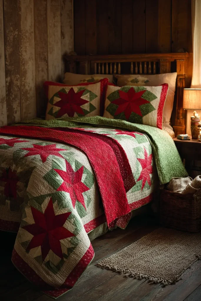 Classic Ohio Star Block Design in Red and Green Fabrics