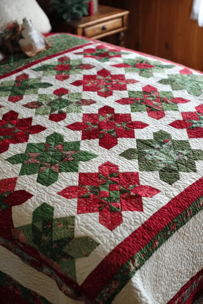 Classic Ohio Star Block Design in Red and Green Fabrics