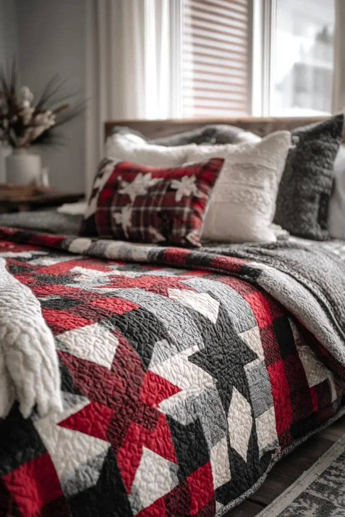 Cozy Buffalo Plaid and Star Patchwork Bedding