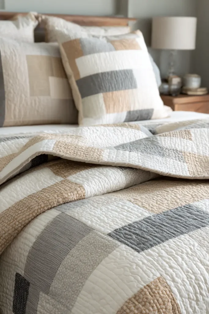 Cozy Neutral Patchwork Quilts for Small Farmhouse Bedrooms