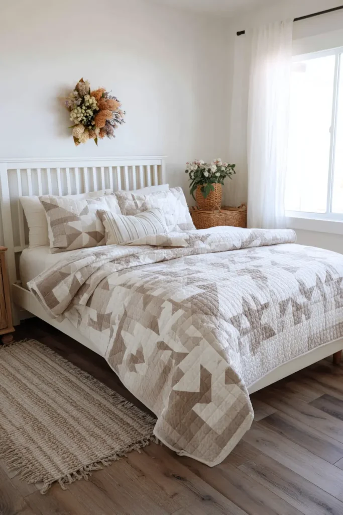 Cozy Neutral Patchwork Quilts for Small Farmhouse Bedrooms