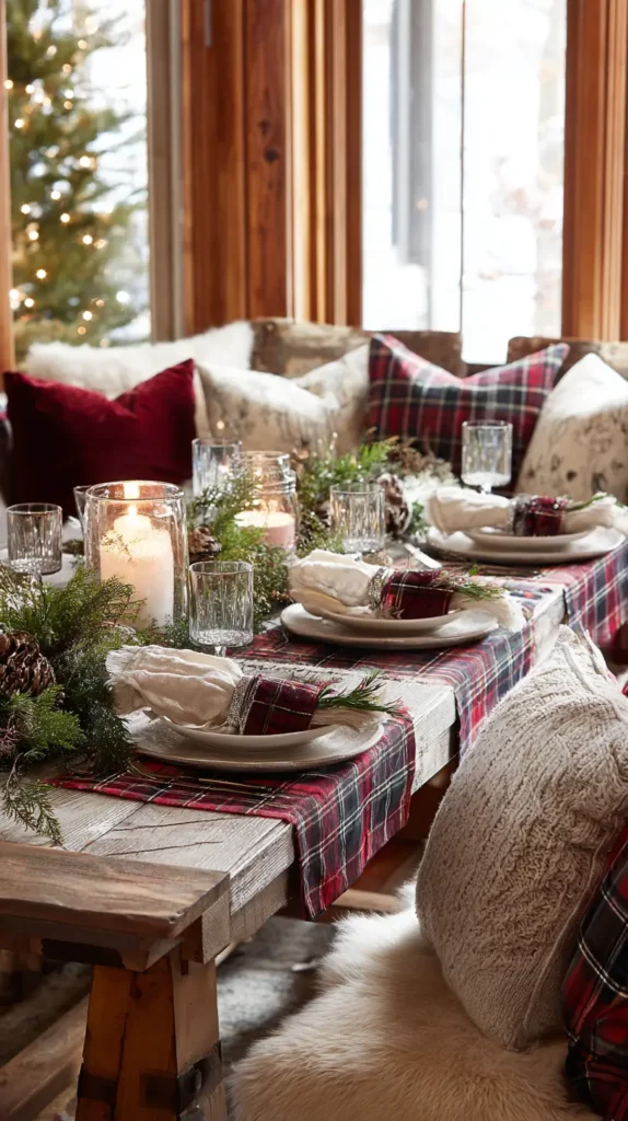 Cozy Plaid and Velvet Accents Table Runners, Napkins, and Chair Cushions