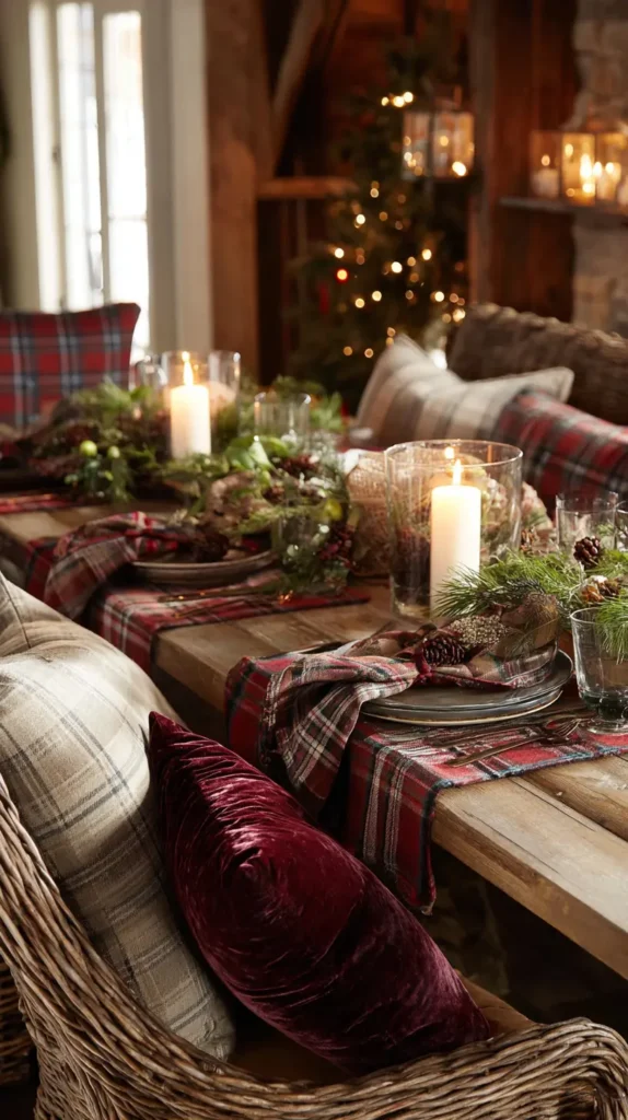 Cozy Plaid and Velvet Accents Table Runners, Napkins, and Chair Cushions