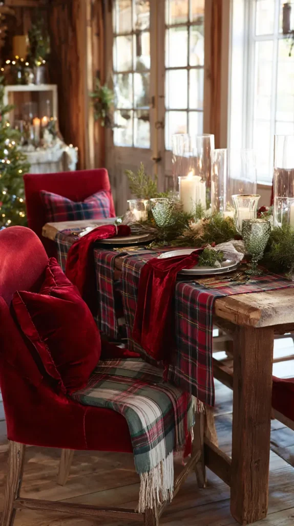 Cozy Plaid and Velvet Accents Table Runners, Napkins, and Chair Cushions