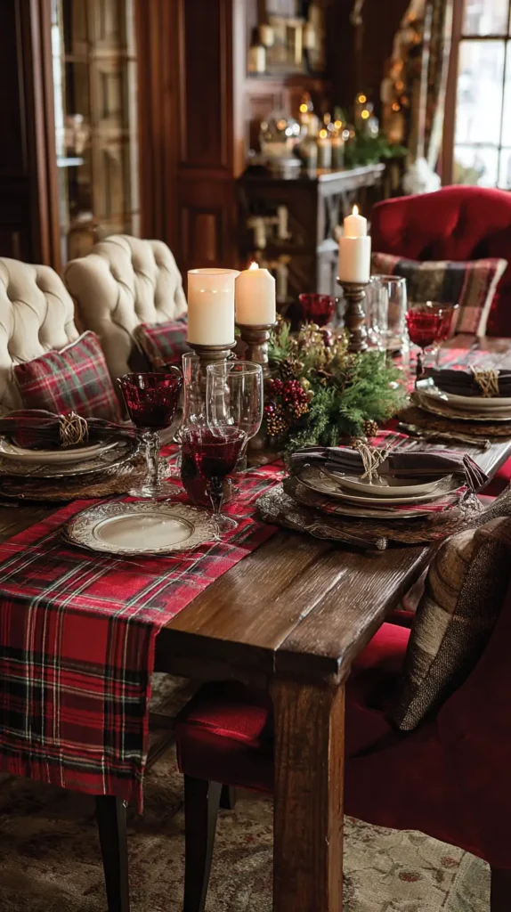 Cozy Plaid and Velvet Accents Table Runners, Napkins, and Chair Cushions