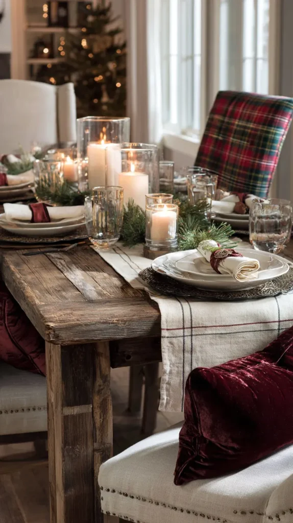 Cozy Plaid and Velvet Accents Table Runners, Napkins, and Chair Cushions