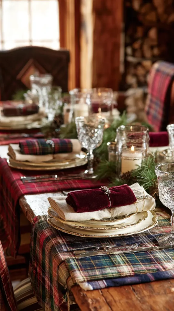 Cozy Plaid and Velvet Accents Table Runners, Napkins, and Chair Cushions