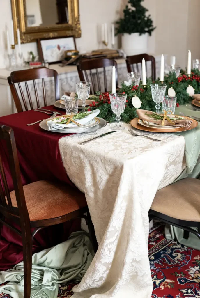 Elegant Place Settings with Vintage China, Charger Plates, and Festive Tablecloths