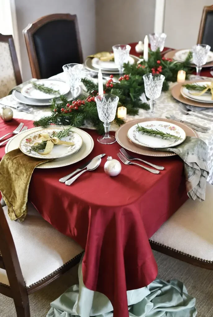 Elegant Place Settings with Vintage China, Charger Plates, and Festive Tablecloths