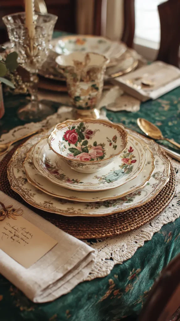 Elegant Place Settings with Vintage China, Charger Plates, and Festive Tablecloths