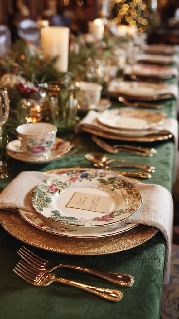 Elegant Place Settings with Vintage China, Charger Plates, and Festive Tablecloths