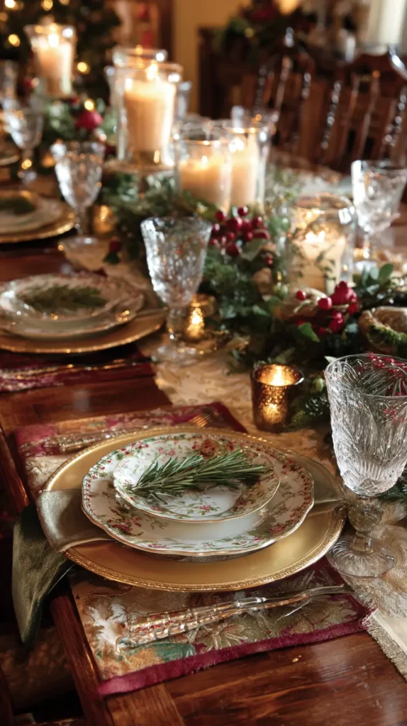 Elegant Place Settings with Vintage China, Charger Plates, and Festive Tablecloths