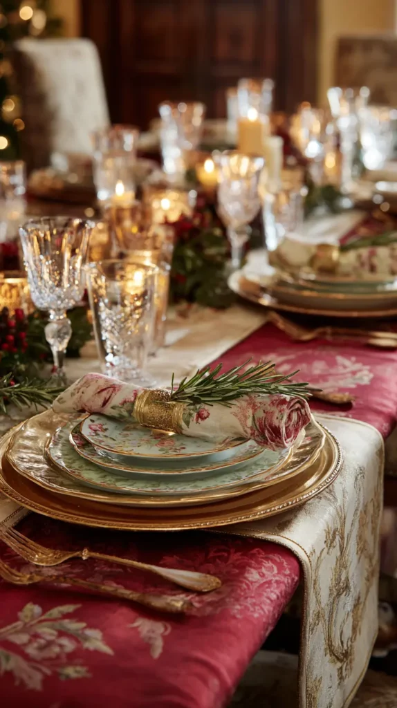 Elegant Place Settings with Vintage China, Charger Plates, and Festive Tablecloths